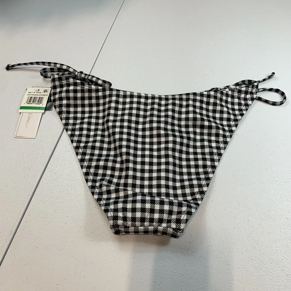Salt & Cove Junior's Swim Bikini Bottom L Black White Gingham Plaid Tie Side